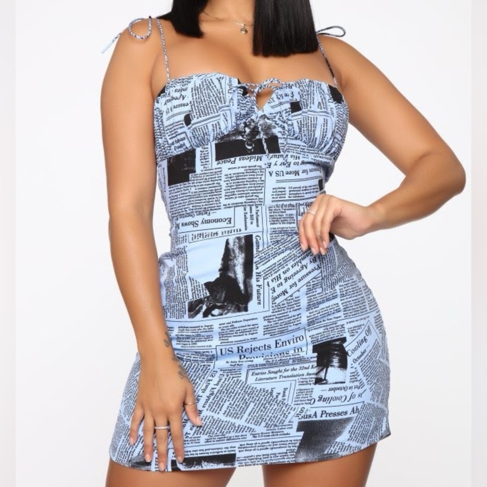 Fashion Nova In The Headlines Satin Mini Dress - Blue Newspaper Print